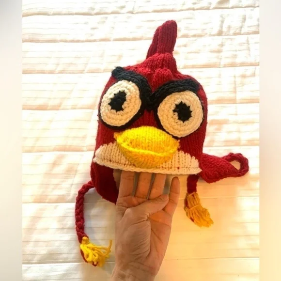 Vintage Angry Birds Wool Hat with Tassels Crochet Knit Red White Yellow Black - Picture 5 of 11